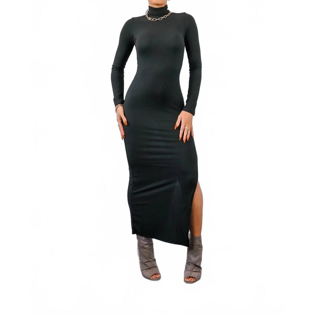 NEW SURELYMINE turtle neck maxi rib dress with side slit in black